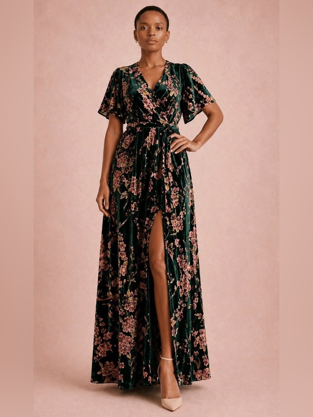 Baltic Born Uma Velvet Maxi Dress green with pink floral pattern Large GUC - Picture 2 of 13